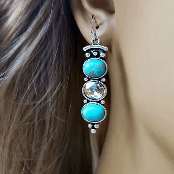 Boho Western Silver Turquoise Diamond Dangle Earrings - Picture 1 of 6